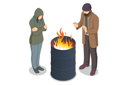 Isometric homeless man and woman warm themselves near the fire. Underprivileged individuals, including homeless men and women, experiencing hunger and depression, living in substandard conditionsのイラスト素材
