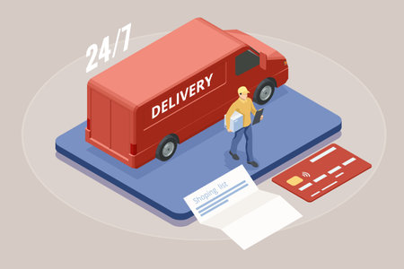 Isometric Logistics and Delivery. Free, Express, Home or Fast delivery. Delivery company. Delivery home and office. City logistics.のイラスト素材
