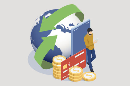 Isometric Safe and Secure Remittance, International Money Transfer or Money Transfer, Secure Transactionのイラスト素材