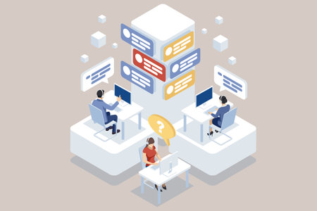 Isometric global online technical support with call center operators using headsets on computers for customer service and efficient call processingのイラスト素材