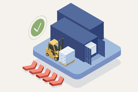 Isometric modern warehouse with forklift. Large metal containers for transportation. Delivery of cargo, shipping.のイラスト素材