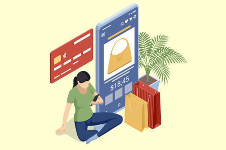 Isometric Online Shopping Store on Website and Mobile Phone design. Payment Approved, online card Payment, Online Marketing Smartphone device with receipt.のイラスト素材