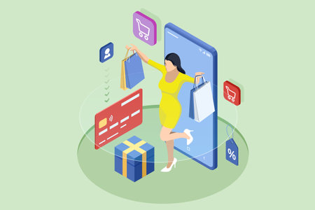 Isometric Online Shopping Store on Website and Mobile Phone design. Payment Approved, online card Payment, Online Marketing Smartphone device with receipt.のイラスト素材
