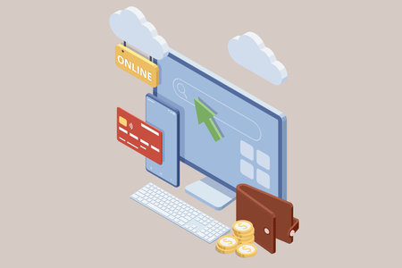 Isometric Online Shopping Store on Website and Mobile Phone design. Payment Approved, online card Payment, Online Marketing Smartphone device with receipt.のイラスト素材