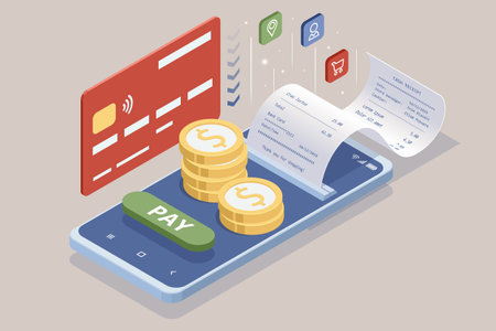 Isometric Online Shopping Store on Website and Mobile Phone design. Payment Approved, online card Payment, Online Marketing Smartphone device with receipt.のイラスト素材