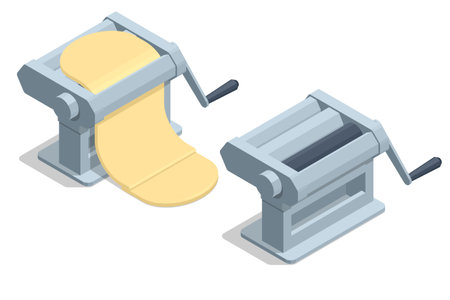 Isometric Pasta machine with dough sheet over white, Manual Dough sheeter, Manual dough roller. Homemade baked goods. Cookies and croissantsのイラスト素材