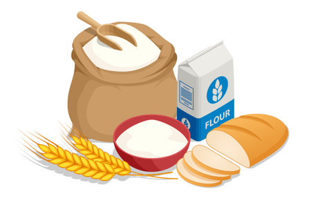 Isometric fresh crispy wheat bread cut into pieces, open sack of flour and ears of wheat. Organic flour. Healthy eating and dieting food Flour contains glutenのイラスト素材