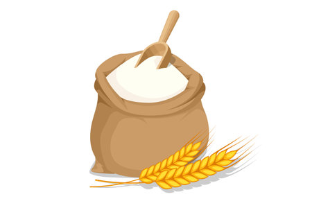 Isometric wheat flour in sack and spikelets isolated on white. Healthy eating and dieting food. Flour contains glutenのイラスト素材