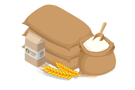 Isometric wheat flour in sack and spikelets isolated on white. Healthy eating and dieting food. Flour contains glutenのイラスト素材