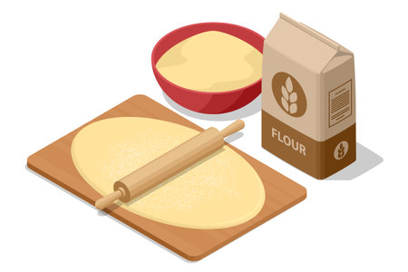 Isometric paper bag with flour and dough rolled out with a rolling pin on the table. Organic flour. Healthy eating and dieting food. Flour contains gluten. Homemade dough.のイラスト素材