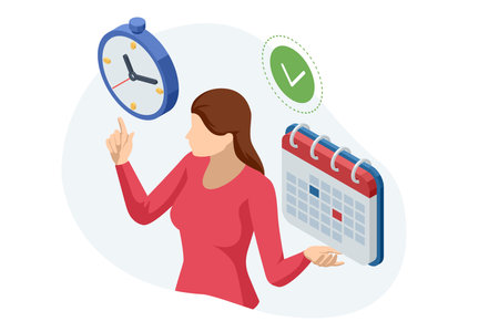 Isometric Reminder, Planning Day Scheduling Appointment in Calendar Application. Business woman Manages Time for effective Workのイラスト素材