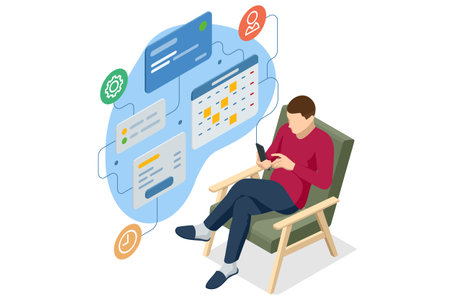 Isometric Business Project Management System. Project manager updating tasks and milestones progress planning. Digital Calendar Schedule. Schedule for plan tasks and progress.のイラスト素材