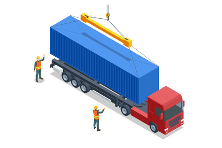 Isometric Container loading on a Truck with an Industrial Crane. Industry and Transportation. Logistic Import Exportのイラスト素材