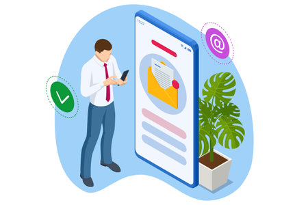 Isometric email, business e-mail communication and digital marketing, electronic message alertのイラスト素材