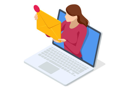 Isometric email, business e-mail communication and digital marketing, electronic message alertのイラスト素材