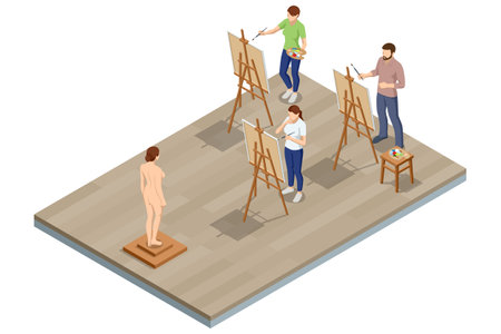 Isometric Group of people during classes in school of painters. Male artist painting female model at art studio. Painting, drawing and artwork concept. Art, creativity, hobby, job and creative occupationのイラスト素材