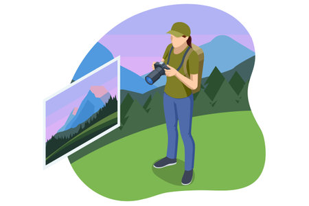 Isometric photographer taking photos in the mountains. Young man using a professional cameraのイラスト素材