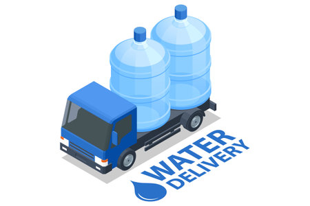 Isometric Water delivery service. Truck carrying plastic containers of drinking waterのイラスト素材