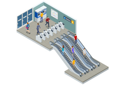 Isometric People stand on the escalator in the subway. High speed train. Included underground train, station. Subway station, railway rapid transit system, metro platform.のイラスト素材