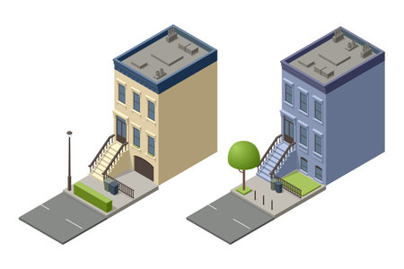 Isometric New York Old Manhattan Houses. Brooklyn Apartment. Old Abstract Building and Facade. Facades of Retro Houses, New York Streets or Old Brooklyn.のイラスト素材