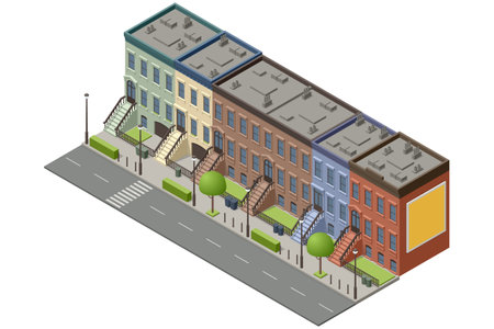 Isometric New York Old Manhattan Houses. Brooklyn Apartment. Old Abstract Building and Facade. Facades of Retro Houses, New York Streets or Old Brooklyn.のイラスト素材