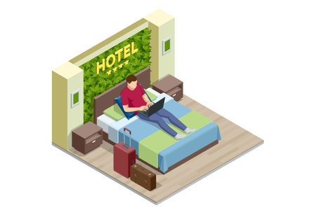 Isometric Modern Bedroom Suite in Hotel. Hotel Checking in and Having Rest in Their Rooms. Enjoy the Holiday and Vacation. Mobile Application, Hotel Booking Online on Website.のイラスト素材