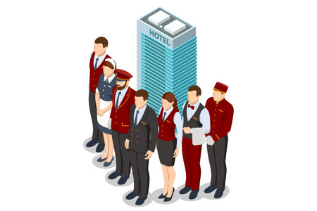 Isometric Hotel Services Receptionist Baker and Waiter, Cleaners and Porter, Hospitality Workers, Hotel Restaurant Team. People in Uniform. Service staffs recent charactersのイラスト素材