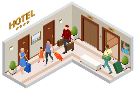 Isometric Porter with Baggage, Bellhop in Uniform. A porter carries suitcases of hotel guests to their room. Enjoy the Holiday and Vacation.のイラスト素材