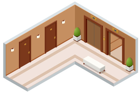 Isometric empty luxury hotel hallway interior with closed numbered doors, glowing wall lamps, potted plants and elevator, Enjoy the Holiday and Vacation. Mobile Application, Hotel Booking Online.のイラスト素材