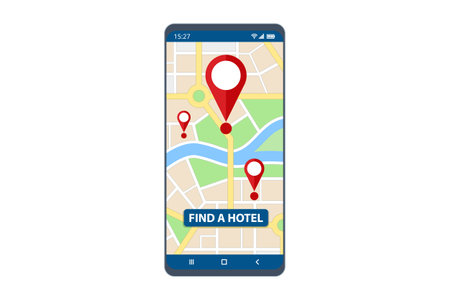 Isometric Online booking phone application. Buying ticket with smartphone. People booking hotel and search reservation for holiday. Smartphone maps gps location.のイラスト素材