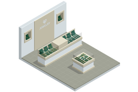 Isometric Elegant jewelry. Jewellery gold and silver ring with diamonds or gemstones. Cartoon jewellery shop showcase. Golden jewel shopのイラスト素材
