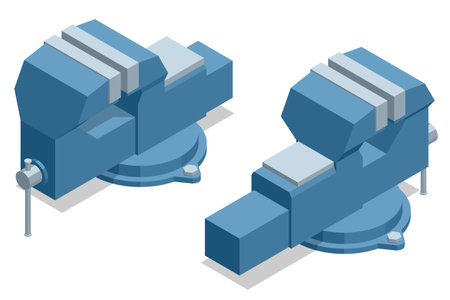 Isometric machine vice. Milling machine vice with 360 swivel base. Cast iron rotary QHK machine vice, useful while working with grinding, milling, drilling and planing machinesのイラスト素材