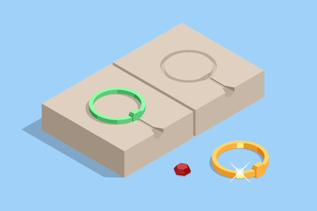 Isometri making a ring. Elegant jewelry gold ring, necklace and earrings with diamonds. Craft jewelery making.のイラスト素材