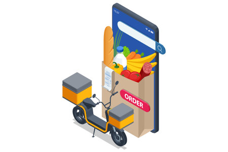 Isometric Delivery Motorcycle, Delivery man riding a scooter . Online food or pizza order and packaging box. Lifelike motorcycle featuring an bag, ideal for restaurant and cafe couriersのイラスト素材