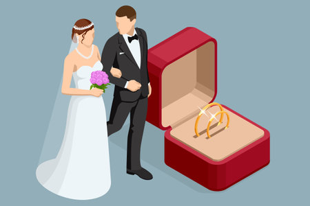 Isometric Golden wedding rings in a gift box, the groom in a suit and the bride in a brown wedding dress. Wedding ceremony. Wedding day.のイラスト素材