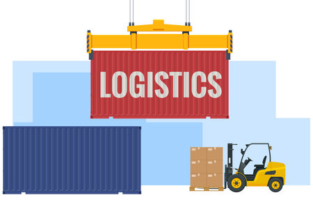 Ship delivery, sea logistics. warehouse, cargo, courier. argo containers with import and export. Logistics.のイラスト素材