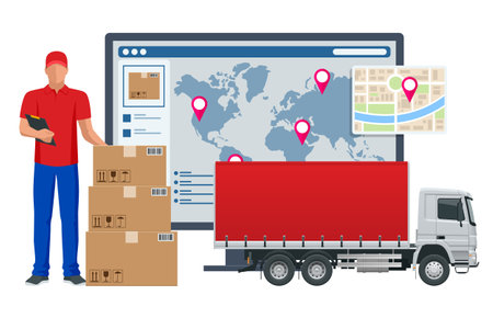 Isometric Logistics, Business logistics, Warehouse Logistic, Online delivery, Export and Import. Delivery home and office. City logistics.のイラスト素材