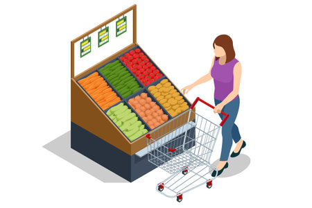 Isometric Vegetables Sale. Farmer sells fresh vegetables. Natural fresh products. Sellers and marketing concept. Farmer marketのイラスト素材