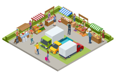 Isometric Farmers selling a Selection of Ecological Fruits and Vegetables at a Farmers Market. Vegetables fair food. Sellers and marketingのイラスト素材