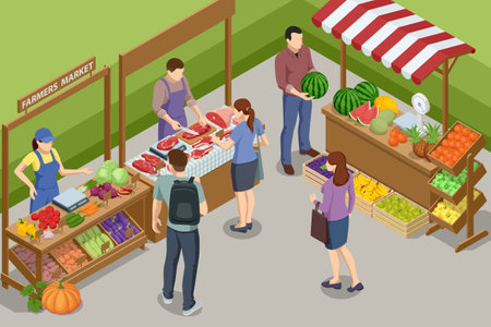 Isometric Farmers selling a Selection of Ecological Fruits and Vegetables at a Farmers Market. Vegetables fair food. Sellers and marketingのイラスト素材