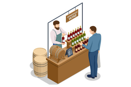 Isometric man farmer sells homemade wine. Wine from the vineyard. Sellers and marketing. Vineyard,...
