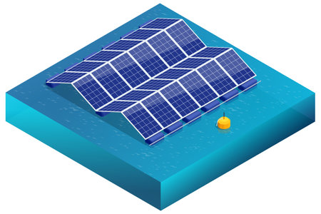 Isometric Solar panels or Solar cells on a buoy floating in a lake, sea, or ocean. A power plant utilizing sunlight as a renewable energy source. Renewable energy, Solar power plantのイラスト素材