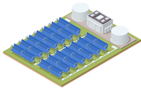 Isometric row of solar mirrors. Solar power plant turn up skyward absorb the sunlight from the sun use light energy to generate electricityのイラスト素材