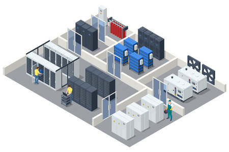 Isometric Network computing technologies. Digital space. Data storage. The data center provides data storage and processing, delivering high performance for big data analysis and machine learning.のイラスト素材