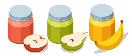 Isometric Fruit puree in jars. Freshly squeezed juice from apples, pears and bananasのイラスト素材