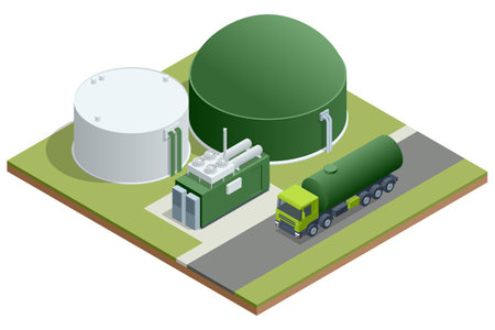 Isometric Modern biogas plant Biogas is an environmentally friendly clean, and cheap combustible gas produced from livestock manure and agricultural waste by microorganisms in an anaerobic environmentのイラスト素材