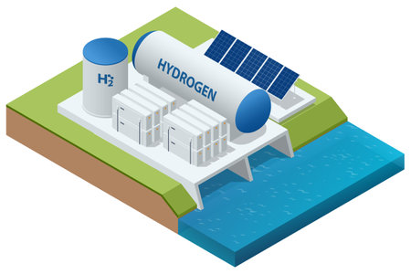 Isometric Hydrogen Energy. Hydrogen is a clean fuel that, when consumed in a fuel cell, produces only water. Hydrogen fuel cell. H2 electrolysis plant station Green hydrogen factoryのイラスト素材