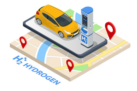 Isometric Hydrogen fuel car charging station with two dispensers for H2 vehicles. Hydrogen powered transportation. Green energyのイラスト素材