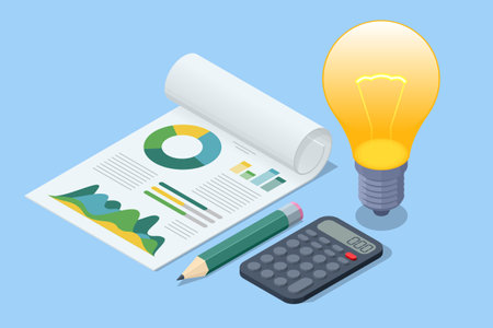 Isometric startup begins with the spark of an idea, like a light bulb, but success relies on business meetings, teamwork, and strategic handling of moneyのイラスト素材