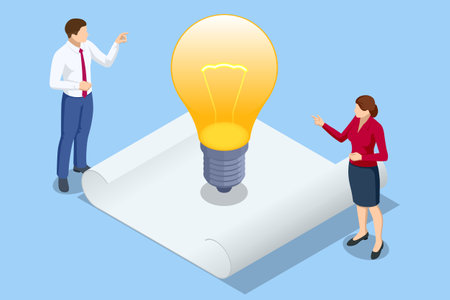 Isometric startup begins with the spark of an idea, like a light bulb, but success relies on business meetings, teamwork, and strategic handling of moneyのイラスト素材